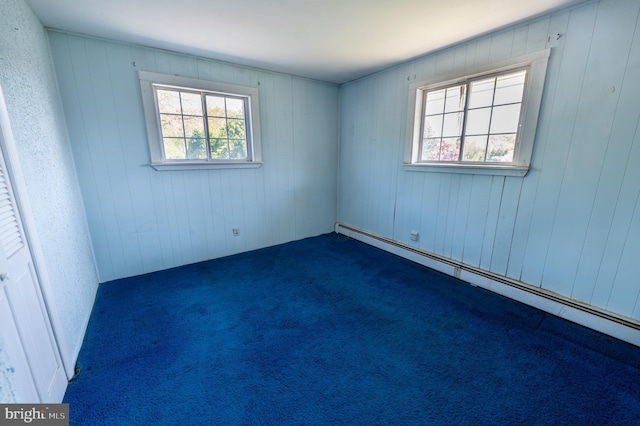empty room with dark colored carpet, a baseboard heating unit, and wooden walls