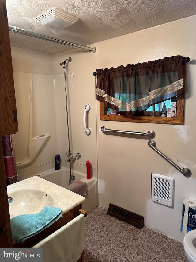 full bathroom with shower / bath combination, visible vents, and vanity
