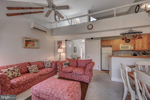 116 Snow Ridge Cir, Lake Harmony, PA 18624 - living room with an AC wall unit, ceiling fan, light carpet, and a towering ceiling