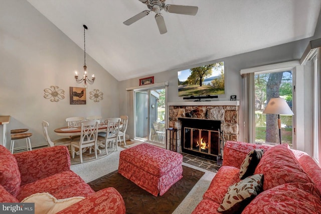 116 Snow Ridge Cir, Lake Harmony, PA 18624 - carpeted living room featuring high vaulted ceiling, ceiling fan with notable chandelier, and a fireplace