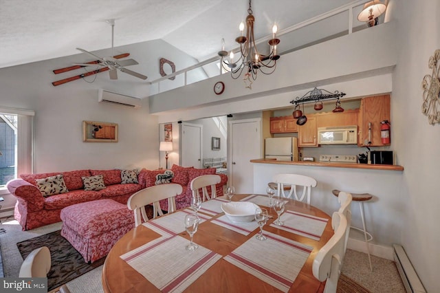 116 Snow Ridge Cir, Lake Harmony, PA 18624 - carpeted dining room featuring a ceiling fan, a wall mounted AC, baseboard heating, and high vaulted ceiling