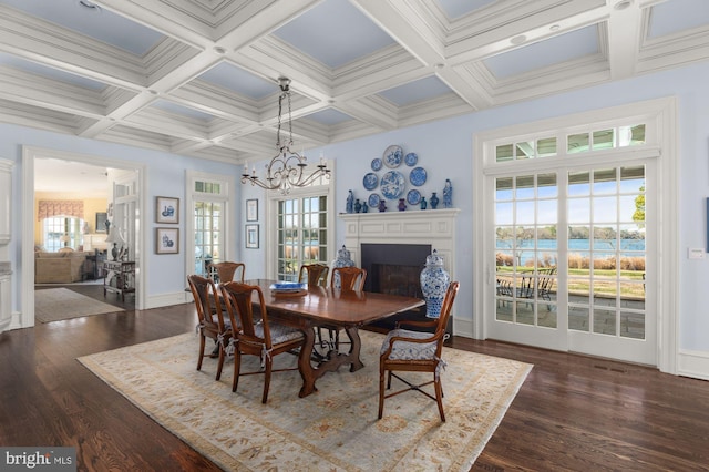 8620 Bozman Neavitt, Saint Michaels, MD 21663 - dining area with coffered ceiling, dark wood finished floors, and a chandelier