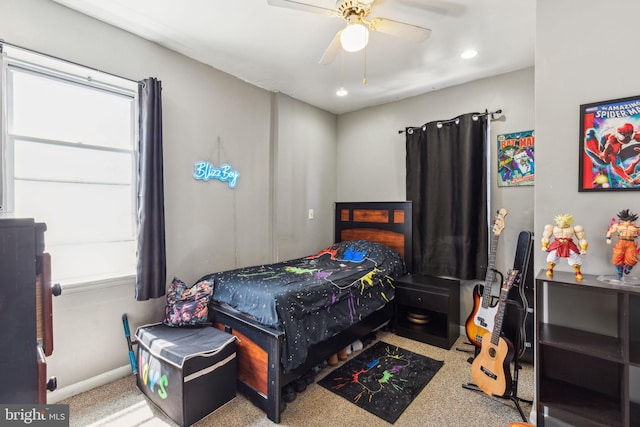 bedroom with baseboards, ceiling fan, carpet, and recessed lighting