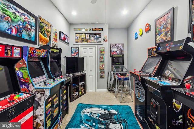 recreation room featuring carpet flooring, recessed lighting, and baseboards