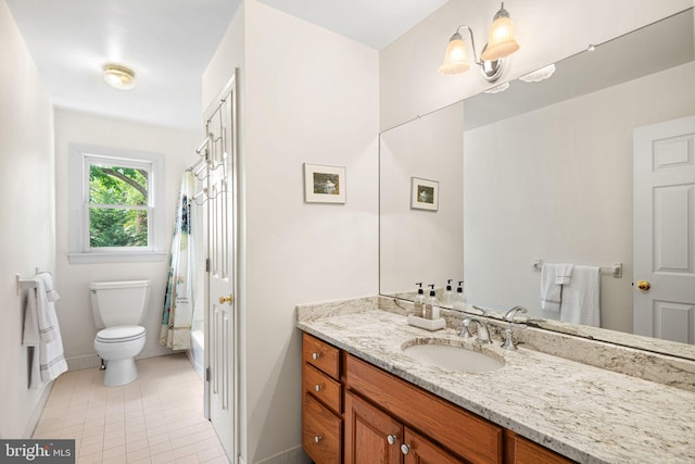 full bath featuring vanity, baseboards, tile patterned floors, and toilet