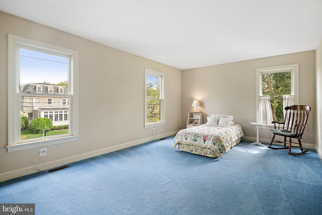 bedroom with baseboards, multiple windows, and carpet floors