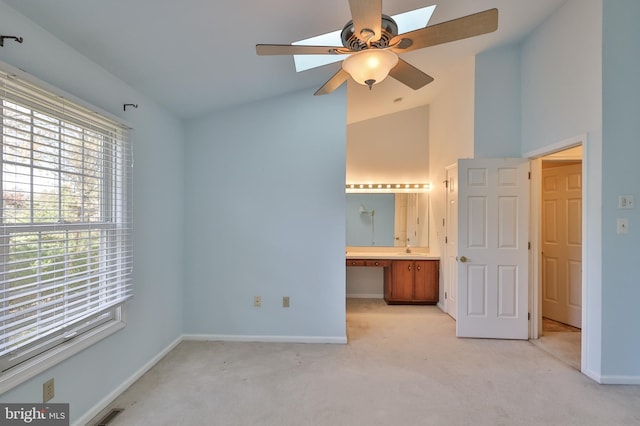 1514 Ravena St Unit D, Bethlehem, PA 18015 - unfurnished bedroom with baseboards, ensuite bathroom, high vaulted ceiling, light colored carpet, and a sink