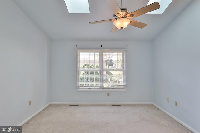 1514 Ravena St Unit D, Bethlehem, PA 18015 - empty room featuring baseboards, a ceiling fan, carpet flooring, and lofted ceiling with skylight