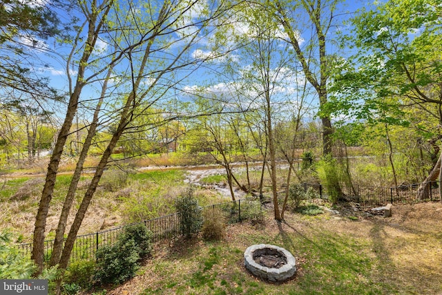 view of yard featuring a fenced backyard and a fire pit