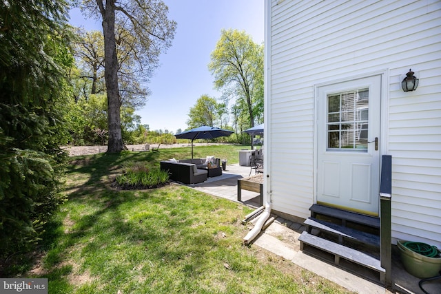 view of yard with a patio, an outdoor hangout area, and entry steps