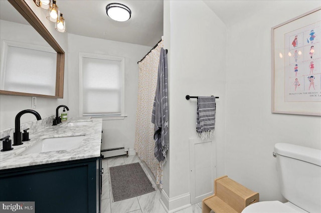 1708 Wrightfield Rd, Yardley, PA 19067 - bathroom with baseboard heating, marble finish floors, toilet, and double vanity