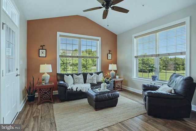 912 Moorings Cir Unit 8, Stevensville, MD 21666 - living area with wood finished floors, lofted ceiling, a ceiling fan, and baseboards