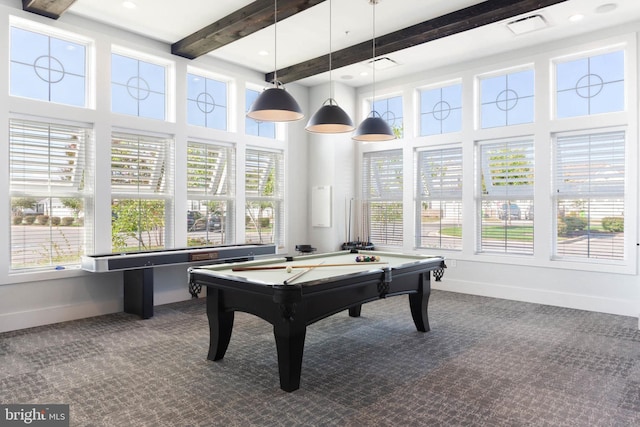 912 Moorings Cir Unit 8, Stevensville, MD 21666 - playroom with carpet flooring, beamed ceiling, a towering ceiling, baseboards, and billiards table