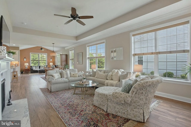 912 Moorings Cir Unit 8, Stevensville, MD 21666 - living room featuring a ceiling fan, a high end fireplace, and hardwood / wood-style flooring