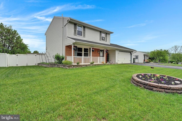 traditional-style home with a porch, asphalt driveway, a garage, a gate, and brick siding