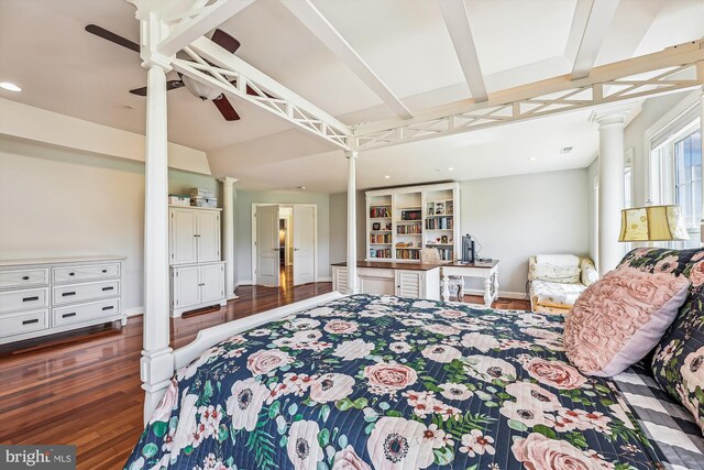 bedroom with wood finished floors, baseboards, and recessed lighting