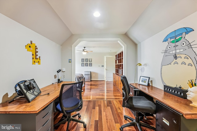 office space with hardwood / wood-style floors, lofted ceiling, and ceiling fan