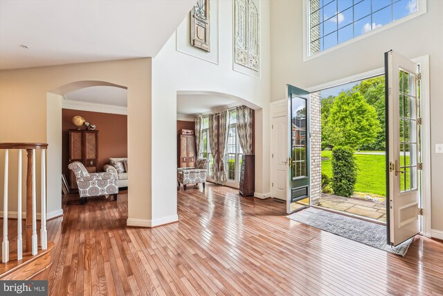 foyer featuring arched walkways, plenty of natural light, wood-type flooring, and a high ceiling