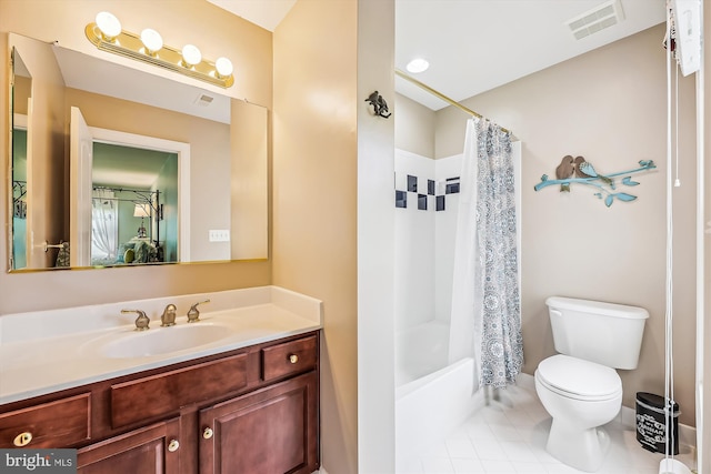 full bathroom with toilet, tile patterned floors, vanity, and shower / bath combo
