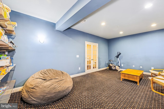 living area featuring french doors, recessed lighting, baseboards, and carpet