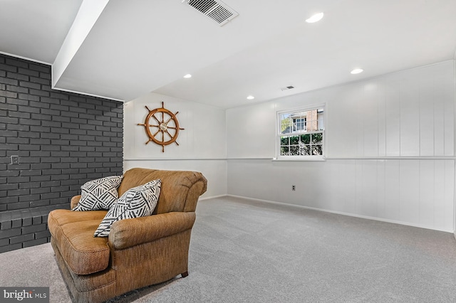 sitting room featuring baseboards, carpet flooring, recessed lighting, and visible vents