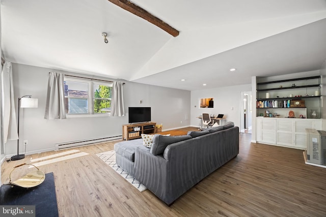 living area featuring lofted ceiling with beams, recessed lighting, baseboards, wood finished floors, and a baseboard radiator