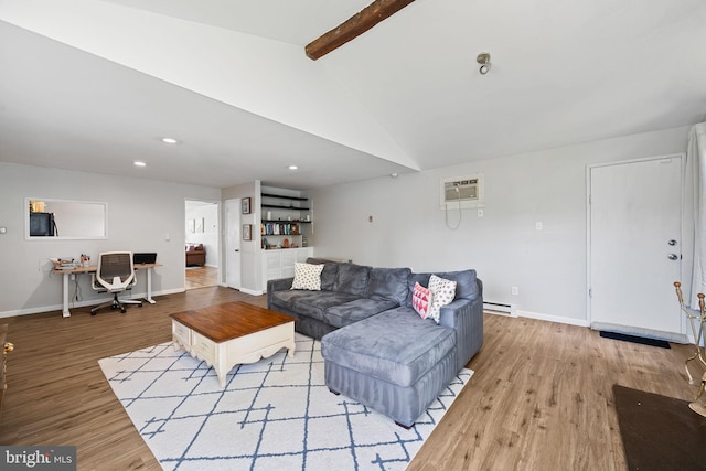 living area with baseboards, vaulted ceiling with beams, light wood finished floors, and a baseboard radiator