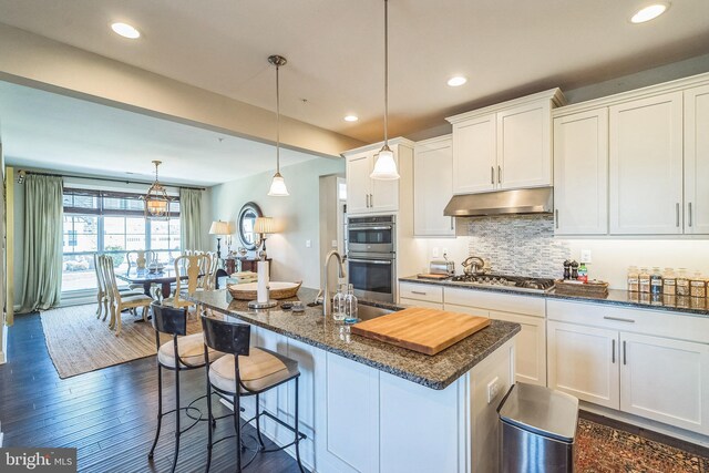 kitchen featuring a sink, appliances with stainless steel finishes, under cabinet range hood, and white cabinetry