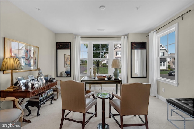 carpeted home office with baseboards, visible vents, and a wealth of natural light
