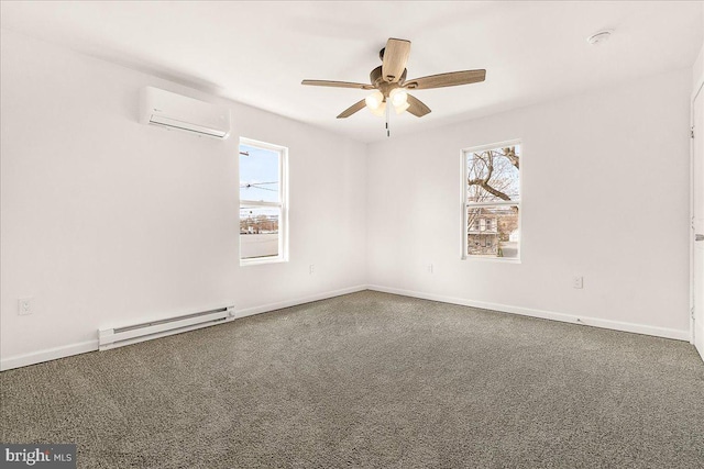 spare room featuring baseboards, baseboard heating, an AC wall unit, a ceiling fan, and carpet