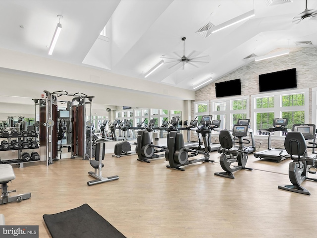 20515 Anchor Ln, Frankford, DE 19945 - exercise room featuring a ceiling fan, high vaulted ceiling, visible vents, and wood finished floors