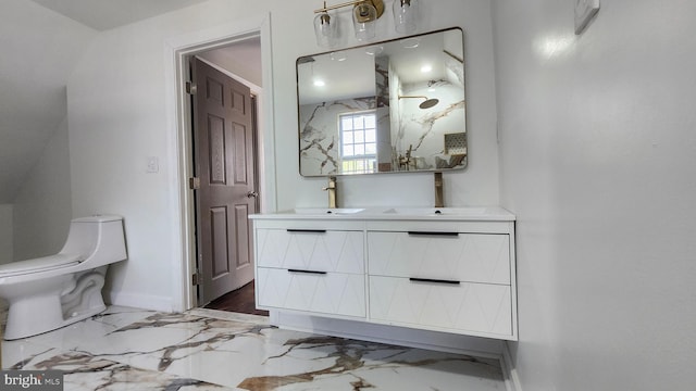 full bathroom with double vanity, a sink, and marble finish floor