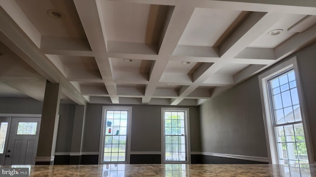 interior space with recessed lighting, coffered ceiling, plenty of natural light, and beam ceiling