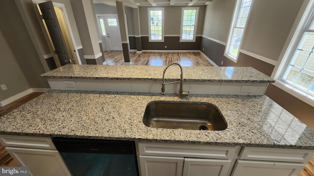 kitchen featuring a sink, light stone countertops, wood finished floors, and dishwasher