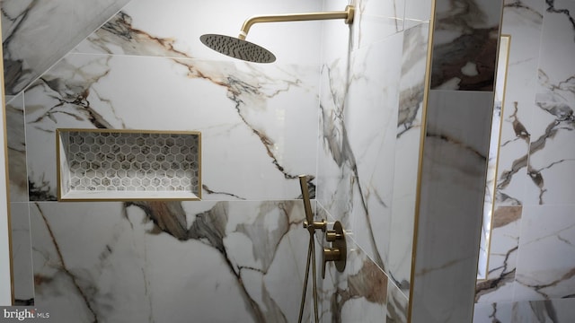 interior details featuring a marble finish shower