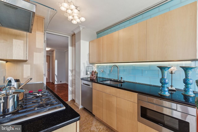 200 Locust St Unit 24Bn, Philadelphia, PA 19106 - kitchen with light brown cabinetry, modern cabinets, tasteful backsplash, a sink, and appliances with stainless steel finishes