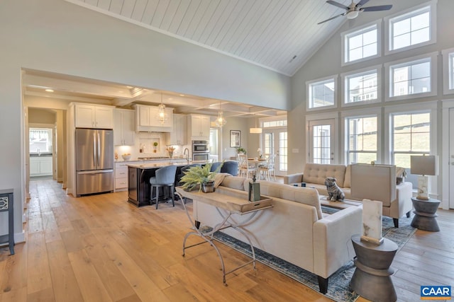 living room featuring a ceiling fan, a healthy amount of sunlight, and light wood-style floors