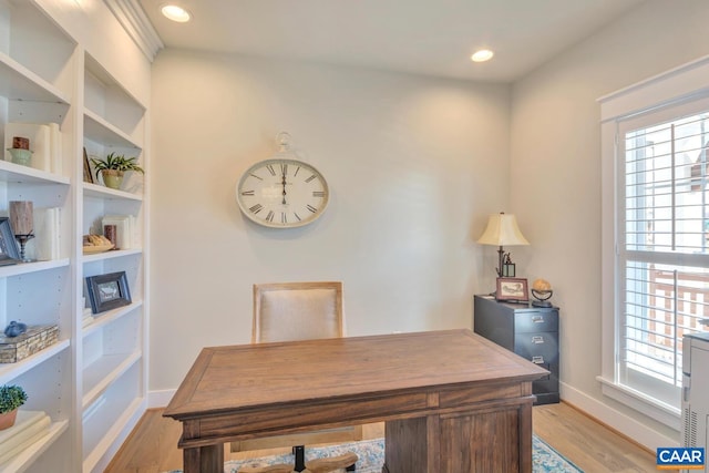 home office featuring light wood-style floors, recessed lighting, and baseboards