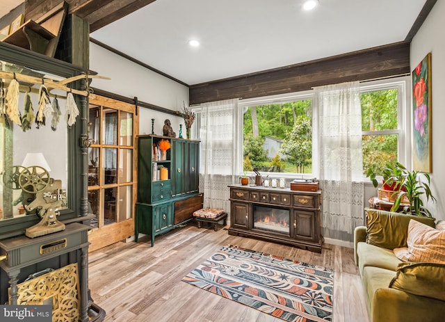 117 Holly Ln, Pilesgrove, NJ 08098 - living area featuring healthy amount of natural light, light wood finished floors, a barn door, recessed lighting, and ornamental molding