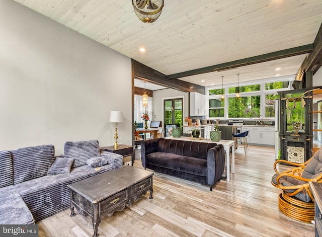 117 Holly Ln, Pilesgrove, NJ 08098 - living area with light wood finished floors, wood ceiling, beamed ceiling, and recessed lighting