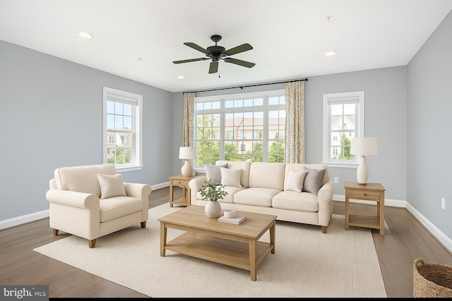 living room with baseboards, plenty of natural light, and wood finished floors
