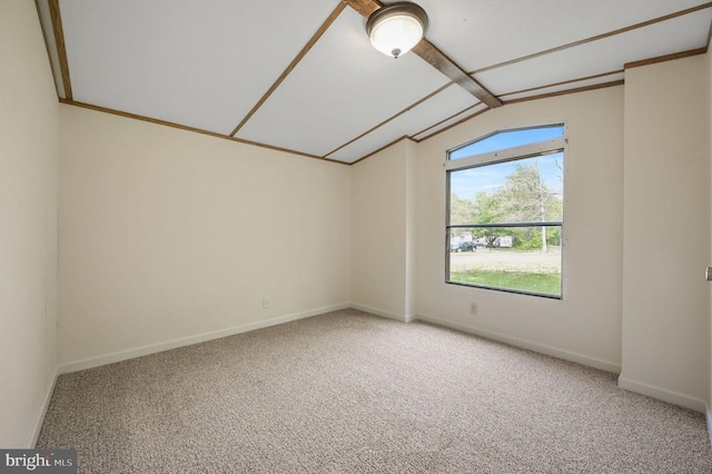 bonus room featuring carpet floors, baseboards, and lofted ceiling with beams