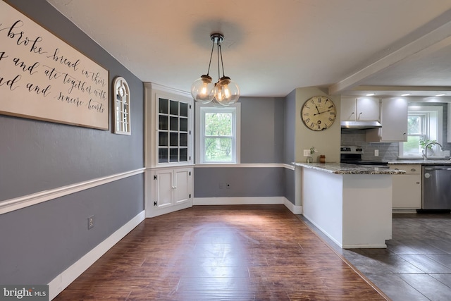 kitchen with a wealth of natural light, white cabinets, appliances with stainless steel finishes, and under cabinet range hood