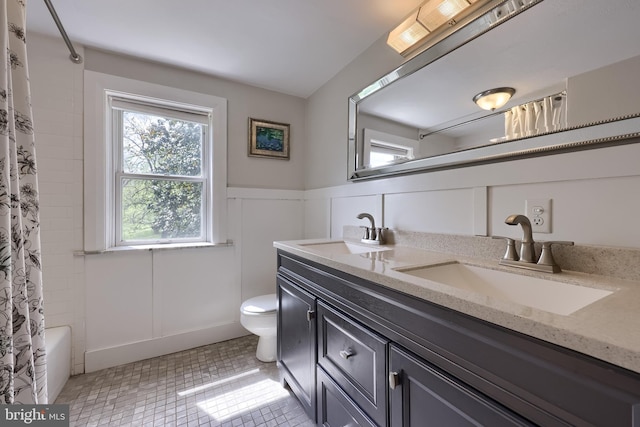 full bathroom featuring double vanity, toilet, a wainscoted wall, and a sink
