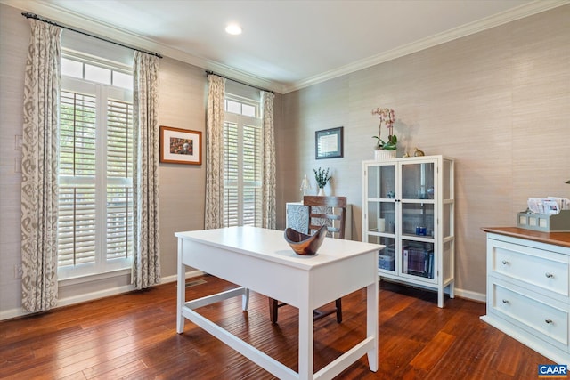 home office featuring baseboards, dark wood-style floors, and ornamental molding