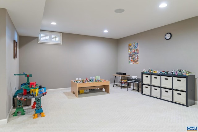 playroom with carpet floors, recessed lighting, and baseboards