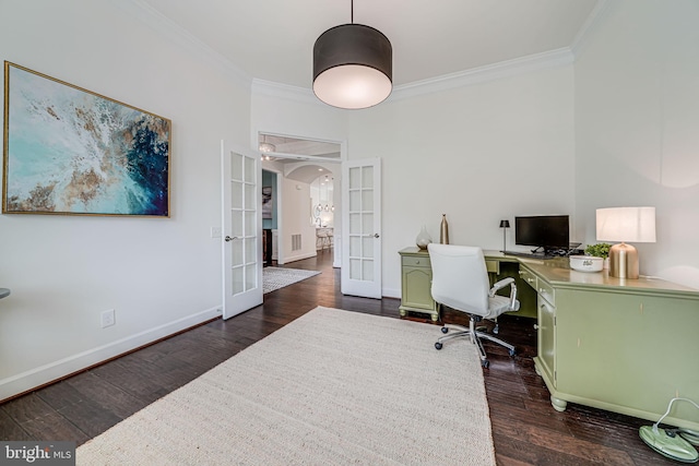 office with french doors, ornamental molding, dark wood-style floors, arched walkways, and baseboards