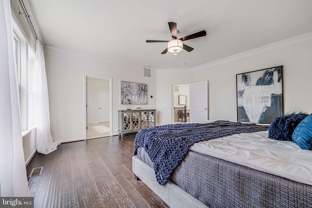 bedroom with crown molding, wood finished floors, baseboards, and ceiling fan
