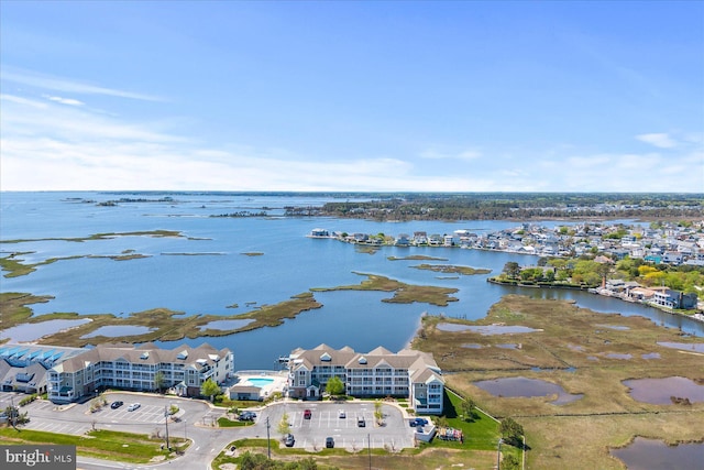 drone / aerial view featuring a water view