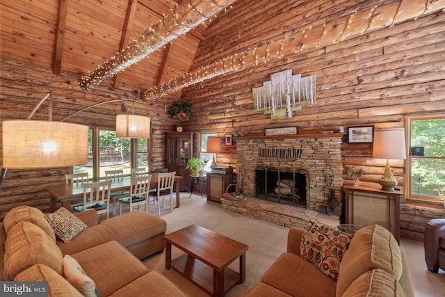 carpeted living area featuring high vaulted ceiling, wooden ceiling, a stone fireplace, and rustic walls